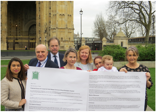 MPs Tulip Siddiq, Stephen Pound, Hugo Swire, Dr Tania Mathias and Victoria Borwick with mum Hannah Gibson and CHD patient Nate, and Dr Jan Till, consultant paediatric electrophysiologist