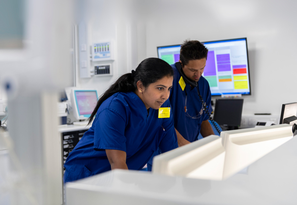 Staff standing at a desk looking at a computer 