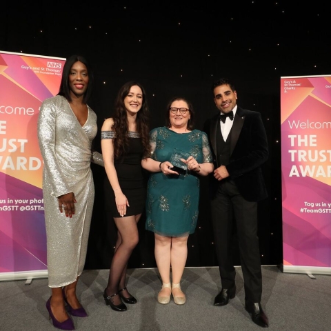 Perinatal imaging midwifery team on stage with Florence Eshalomi MP and Dr Ranj Singh