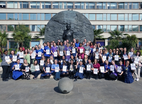 Nightingale award winners celebrate next to the Mary Seacole Memorial Statue at St Thomas'