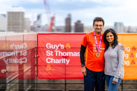 Sunil with his wife, Nisha, after running the 2024 London Marathon. 