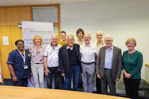 Left-right: Hilary Sharp (senior sister, transplant outpatients), Petra (Bert's wife), Bert, Guido (Bert's son), Prof Sir Magdi Yacoub, Ivo (Bert's son), Clive, Nicola (Clive's partner), Dr Andrew Mitchell and Rita Presnail